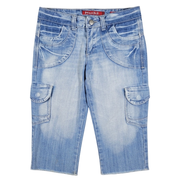 Mudd‎ Jeans Capris Juniors 7 Light Blue Wash Cargo Y2K Vintage Denim Flap Pocket - Picture 1 of 10
